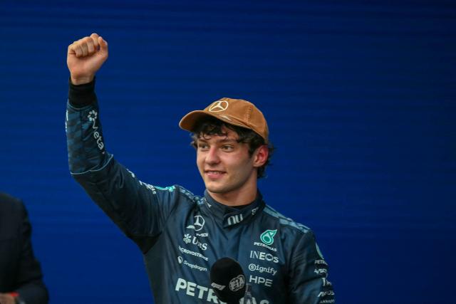 Mercedes' Italian driver Kimi Antonelli celebrates after winning the United States Formula One Grand Prix at the Circuit of the Americas in Austin, Texas, on October 25, 2026. (Photo by RONALDO SCHEMIDT / AFP)