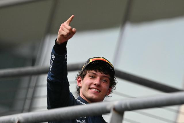 Mercedes' Italian driver Kimi Antonelli celebrates after winning the United States Formula One Grand Prix at the Circuit of the Americas in Austin, Texas, on October 25, 2026. (Photo by RONALDO SCHEMIDT / AFP)