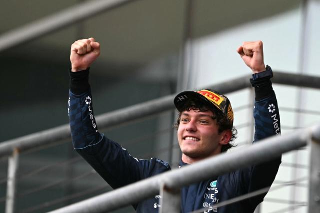 Mercedes' Italian driver Kimi Antonelli celebrates after winning the United States Formula One Grand Prix at the Circuit of the Americas in Austin, Texas, on October 25, 2026. (Photo by RONALDO SCHEMIDT / AFP)