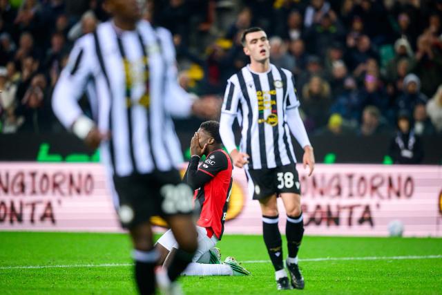 AC Milan's Italian midfielder #70 Alphadjo Cisse reacts during the Italian Serie A football match between Udinese and Milan at the Stadio Friuli in Udine on October 25, 2026. (Photo by Jure Makovec / AFP)