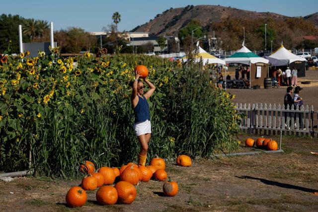 A woman holds up a pumpkin as they pose at the Cal Poly Pomona PumpkinFest in Pomona, California, on October 25, 2026. (Photo by Caroline Brehman / AFP)