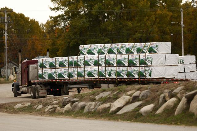A truck loaded with softwood lumber leaves the "Pleasant River Lumber" sawmill in Enfield, Maine, on October 13, 2026. In the heat of US midterm elections, President Donald Trump's tariffs on Canada, and Ottawa's retaliation, have taken center stage in timber-producing Maine, walloped by the economic fallout perhaps more than any other state. Residents in Maine's frontier towns express worry that the tariffs have also triggered a rupture in cross-border relationships built up over decades, and that the intricate community fabric could take years to repair. (Photo by CHARLY TRIBALLEAU / AFP)