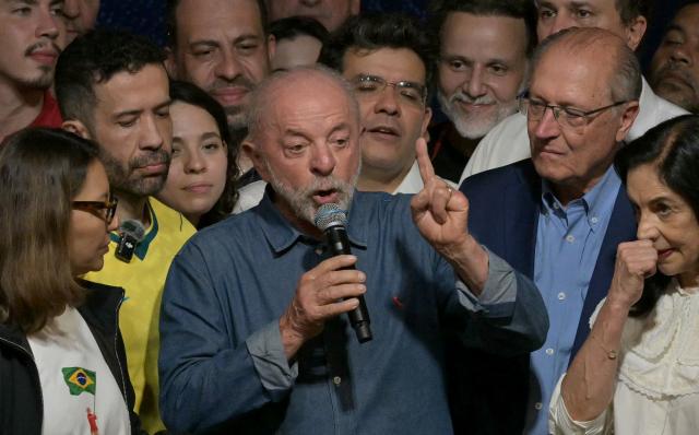 Brazil's President and re-election candidate for the Workers' Party (PT) Luiz Inacio Lula da Silva speaks after knowing the first results of the presidential runoff election, in Sao Paulo, Brazil, on October 25, 2026. Lula da Silva pulled off a dramatic comeback on October 25, 2026, as he clinched election victory against right-wing senator Flavio Bolsonaro, who trounced him in the first round. (Photo by NELSON ALMEIDA / AFP)