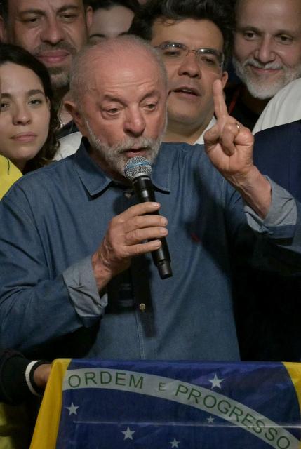 Brazil's President and re-election candidate for the Workers' Party (PT) Luiz Inacio Lula da Silva speaks after knowing the first results of the presidential runoff election, in Sao Paulo, Brazil, on October 25, 2026. Lula da Silva pulled off a dramatic comeback on October 25, 2026, as he clinched election victory against right-wing senator Flavio Bolsonaro, who trounced him in the first round. (Photo by NELSON ALMEIDA / AFP)