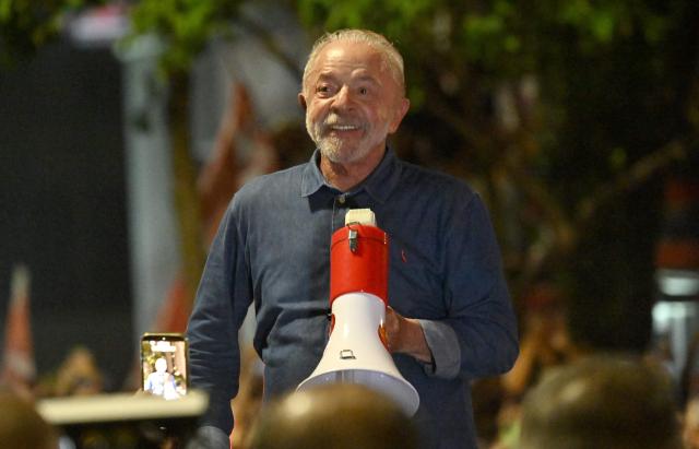 Brazil's President and presidential candidate Luiz Inacio Lula da Silva delivers a speech to supporters after winning the presidential runoff election in Sao Paulo, Brazil, on October 25, 2026. Lula da Silva pulled off a dramatic comeback on October 25, 2026, as he clinched election victory against right-wing senator Flavio Bolsonaro, who trounced him in the first round. (Photo by Juan BARRETO / AFP)