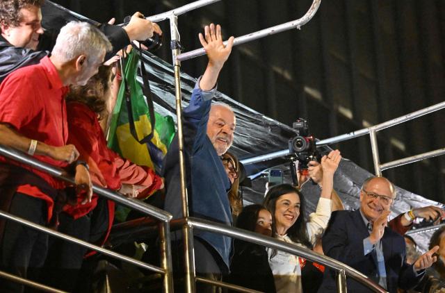 Brazil's President and presidential candidate Luiz Inacio Lula da Silva gestures to supporters after winning the presidential runoff election in Sao Paulo, Brazil, on October 26, 2026. Lula da Silva pulled off a dramatic comeback on October 25, 2026, as he clinched election victory against right-wing senator Flavio Bolsonaro, who trounced him in the first round. (Photo by Juan BARRETO / AFP)