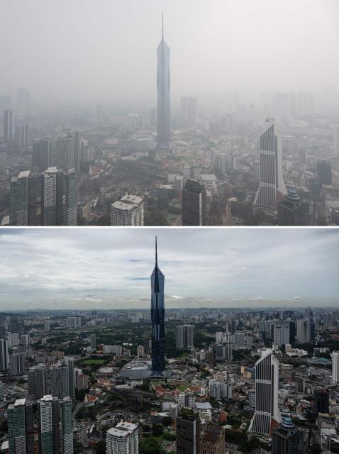 (COMBO) A combination image created on October 26, 2026, shows the Warisan Merdeka Tower (KL118) and surrounding commercial buildings shrouded in haze on October 13, 2026 (top), and the same buildings seen through clear skies as haze conditions improve in Kuala Lumpur on October 26, 2026 (bottom). The haze has sent air pollution levels surging to dangerous levels not only in Indonesia, but also in Malaysia, Singapore and East Timor, prompting the ASEAN regional bloc to call a meeting over the crisis. (Photo by Mohd Rasfan / AFP)