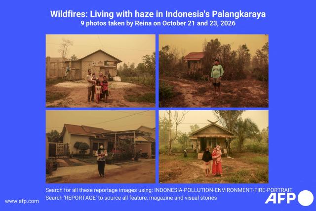 AFP presents 9 photos by photographer Reina taken on October 21 and 23, 2026 in Palangkaraya, Indonesia's Central Kalimantan province, of families living with haze.
Wildfires have burned more than 1.9 million hectares in the nine months to September, according to deforestation monitor Nusantara Atlas -- a figure the government has not confirmed or denied.
The resulting haze has sickened hundreds of thousands in Indonesia and reached as far as Malaysia, Singapore and East Timor.. Search for all these reportage images using: INDONESIA-POLLUTION-ENVIRONMENT-FIRE-PORTRAIT

Search "REPORTAGE" to source all feature, magazine and visual stories. (Photo by REINA / AFP)