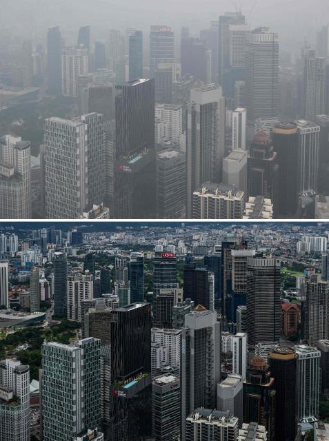 (COMBO) A combination image created on October 26, 2026, shows commercial buildings shrouded in haze on October 13, 2026 (top), and the same buildings seen through clear skies as haze conditions improve in Kuala Lumpur on October 26, 2026 (bottom). The haze has sent air pollution levels surging to dangerous levels not only in Indonesia, but also in Malaysia, Singapore and East Timor, prompting the ASEAN regional bloc to call a meeting over the crisis. (Photo by Mohd RASFAN / AFP)
