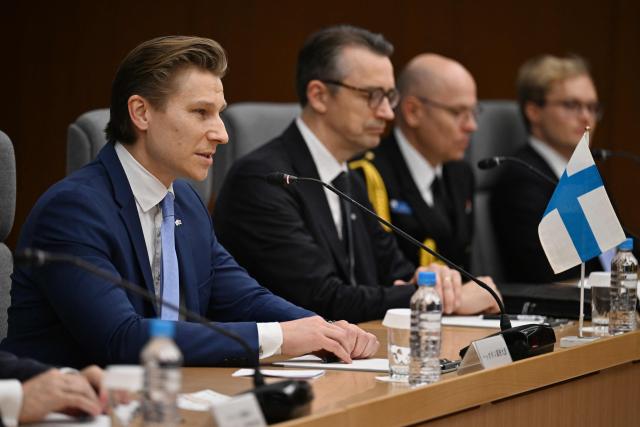 Finland's Defence Minister Antti Hakkanen (L) attends a meeting with Japan's Defence Minister Shinjiro Koizumi at the Ministry of Defence in Tokyo on October 26, 2026. (Photo by Rie KIKUCHI / AFP)