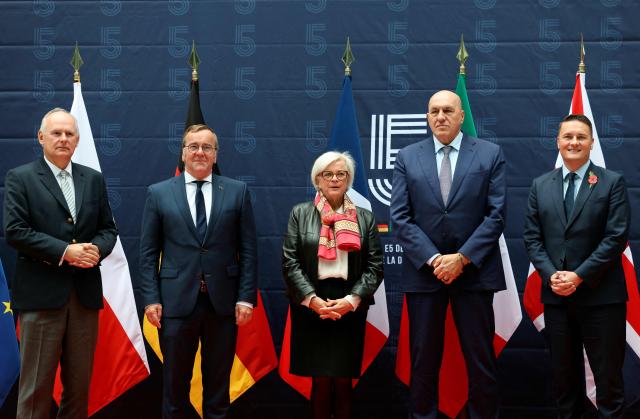 (From L) Poland's Defence State Secretary Pawel Zalewski, Germany's Defence Minister Boris Pistorius, France's Defence Minister Catherine Vautrin, Italy's Defence Minister Guido Crosetto and Britain's Defence Secretary Wes Streeting pose for the family picture ahead of a meeting of the E5, a five-country European defence and security cooperation group, at the French Defence Ministry in Paris, on October 26, 2026. (Photo by Thomas SAMSON / AFP)