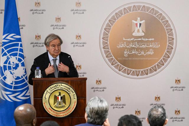 UN Secretary-General Antonio Guterres looks on during a news conference with the Egyptian foreign minister following their meeting in the New Administrative Capital on October 26, 2026. (Photo by Khaled DESOUKI / AFP)