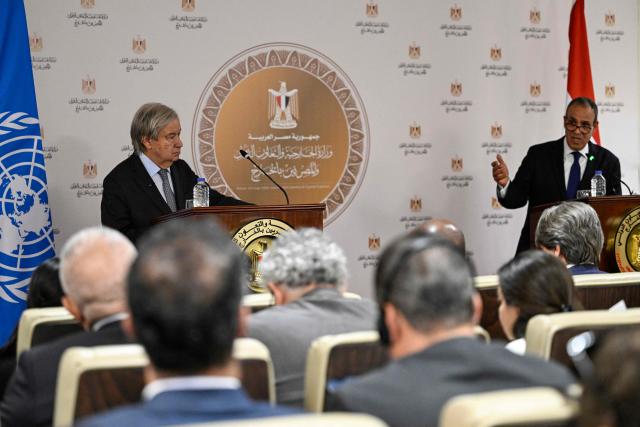 UN Secretary-General Antonio Guterres (L) and Egypt's Foreign Minister Badr Abdelatty hold a news conference following their meeting in the New Administrative Capital on October 26, 2026. (Photo by Khaled DESOUKI / AFP)