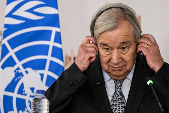 UN Secretary-General Antonio Guterres looks on during a news conference with the Egyptian foreign minister following their meeting in the New Administrative Capital on October 26, 2026. (Photo by Khaled DESOUKI / AFP)