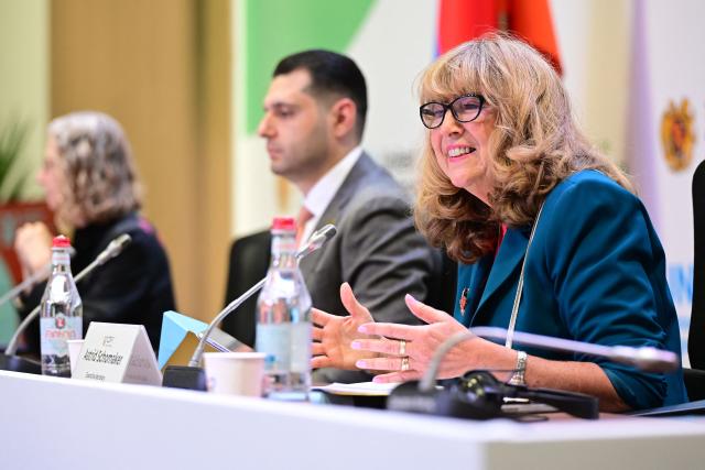 Astrid Schomaker, Executive Secretary of the Convention on Biological Diversity, addresses a press conference in the Armenian capital of Yerevan on October 26, 2026. (Photo by KAREN MINASYAN / AFP)