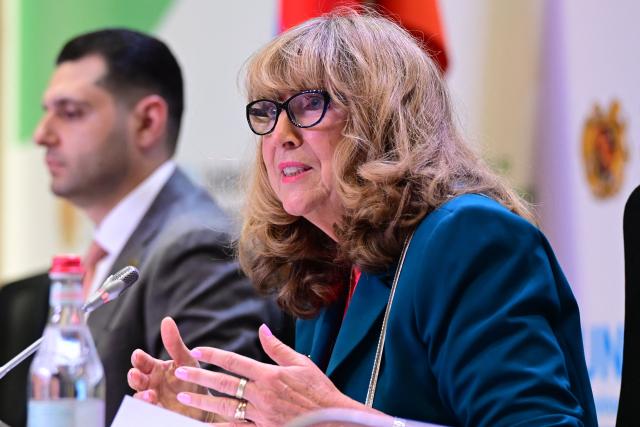Astrid Schomaker, Executive Secretary of the Convention on Biological Diversity, addresses a press conference in the Armenian capital of Yerevan on October 26, 2026. (Photo by KAREN MINASYAN / AFP)
