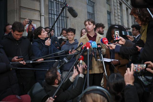 Representatives of secondary school pupils organisations Renouveau Lycee Monica-Shannon Ongmilan (R) and Clement Vieillot, speak to the press as they leave the Hotel Matignon after a meeting with French Prime Minister on October 26, 2026 in Paris, after another weekend of protests over the state of the country's high schools and the cost of living, with pressure mounting on the government to deliver promised reforms to the education system. Students at France's high schools have been campaigning for better conditions in their schools and a reform of the education for more than a month. But the police response to their demonstrations, which included blockades of school, has been fiercely criticised as heavyhanded by parents, students, rights groups and opposition politicians. Several teenage protesters have been seriously injured and thousands arrested. (Photo by Anne-Christine POUJOULAT / AFP)