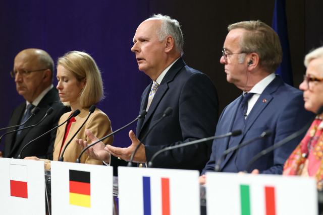 EU Commissioner for Defence and Space Andrius Kubilius (L), EU High Representative and Vice-President for Foreign Affairs and Security Policy Kaja Kallas, Poland's Defence State Secretary Pawel Zalewski, Germany's Defence Minister Boris Pistorius and France's Defence Minister Catherine Vautrin attend a meeting of the E5, a five-country European defence and security cooperation group, at the French Defence Ministry in Paris, on October 26, 2026. (Photo by Thomas SAMSON / AFP)