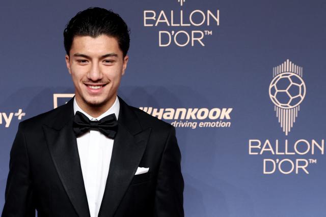 Algeria and Bayer Leverkusen midfielder Ibrahim Maza poses upon their arrival to attend the 2026 Ballon d'Or France Football award ceremony at the Palladium Theatre in London on October 26, 2026. (Photo by Toby Shepheard / AFP)