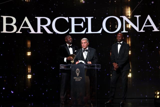 President of FC Barcelona Joan Laporta delivers a speech after receiving the "2026 Ballon d'Or Women's Club of the Year" trophy during the 2026 Ballon d'Or France Football award ceremony at the Palladium Theatre in London on October 26, 2026. (Photo by FRANCK FIFE / AFP)