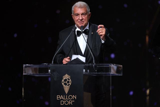 President of FC Barcelona Joan Laporta delivers a speech after receiving the "2026 Ballon d'Or Women's Club of the Year" trophy during the 2026 Ballon d'Or France Football award ceremony at the Palladium Theatre in London on October 26, 2026. (Photo by FRANCK FIFE / AFP)