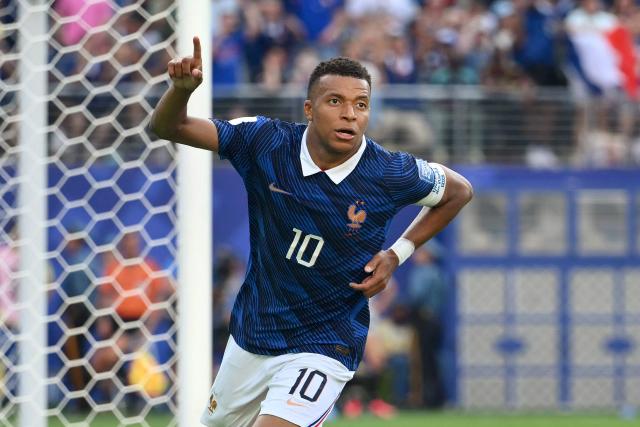 (FILES) France's forward #10 Kylian Mbappe celebrates scoring his team's third goal during the 2026 World Cup round of 32 football match between France and Sweden at the New York/New Jersey Stadium in East Rutherford on June 30, 2026. China's biggest energy drink brand said October 27, 2026 it has cancelled a partnership with Kylian Mbappe after a video circulated online in which the French football star apparently joked about former leader Mao Zedong. (Photo by ANGELA WEISS / AFP)