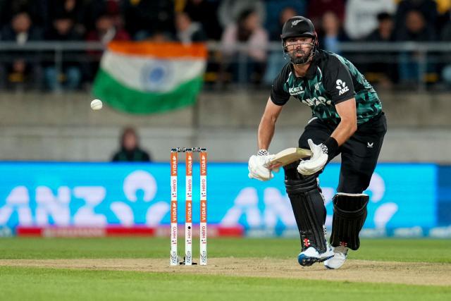 New Zealand's Daryl Mitchell plays a shot during the 3rd T20 cricket match between New Zealand and India at the HNRY Stadium in Wellington on October 27, 2026. (Photo by Marty MELVILLE / AFP)