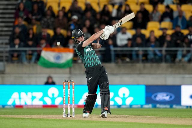 New Zealand's Finn Allen plays a shot during the 3rd T20 cricket match between New Zealand and India at the HNRY Stadium in Wellington on October 27, 2026. (Photo by Marty MELVILLE / AFP)