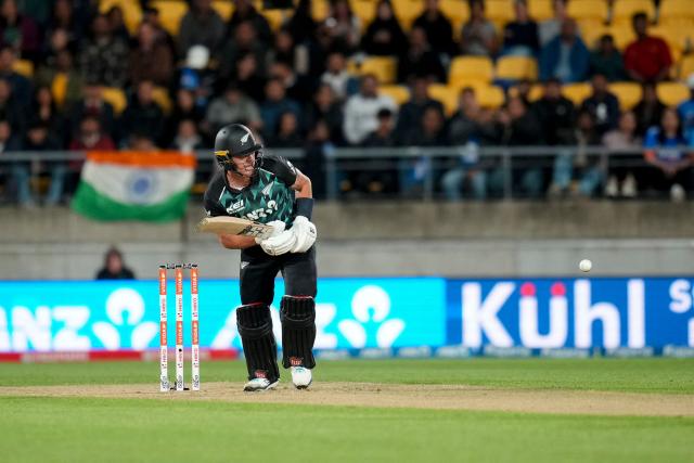 New Zealand's Finn Allen plays a shot during the 3rd T20 cricket match between New Zealand and India at the HNRY Stadium in Wellington on October 27, 2026. (Photo by Marty MELVILLE / AFP)