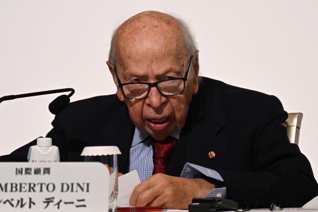 Award advisor and former Italian prime minister Lamberto Dini speaks during a press conference for the 2026 laureates of Japan's biggest arts award, the 37th Praemium Imperiale, in Tokyo on October 27, 2026. (Photo by Rie KIKUCHI / AFP)