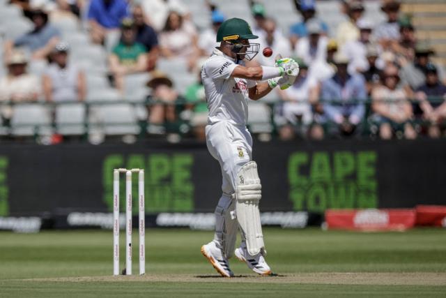 TOPSHOT - South Africa's Marques Ackerman plays a shot on day one of the third Test match between South Africa and Australia at Newlands stadium in Cape Town on October 27, 2026. (Photo by Marco Longari / AFP)