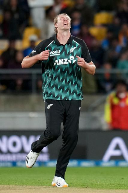 New Zealand Kyle Jamison reacts to the winning runs during the 3rd T20 cricket match between New Zealand and India at the HNRY Stadium in Wellington on October 27, 2026. (Photo by Marty MELVILLE / AFP)