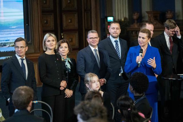 Denmark's Prime Minister Mette Frederiksen (R) speaks, as Sweden's Prime Minister Ulf Kristersson,  Iceland's Prime Minister Kristrun Frostadottir (2ndL) and Finland's Prime Minister Petteri Orpo (4thL) listen during the round table discussions with youth at the Nordic Council meeting at the House of Estates in Helsinki, Finland on October 27, 2026. (Photo by Roni Rekomaa / Lehtikuva / AFP) / Finland OUT