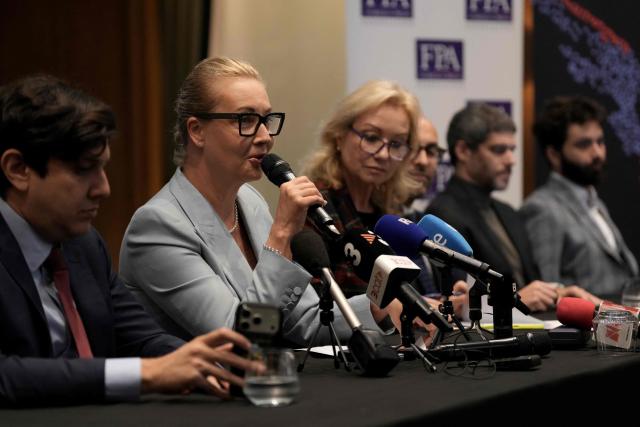 Yulia Navalnaya, chair of the Human Rights Foundation, and widow of late Russian opposition leader Alexei Navalny, speaks during the launch of Action for Democracy’s 'Authoritarian Collaboration Index', at a press event in central London on October 27, 2026. The index is a first-of-its-kind live database that tracks and monitors cooperation between authoritarian regimes, authoritarian-leaning governments and authoritarian-aligned political actors around the world. (Photo by CARLOS JASSO / AFP)