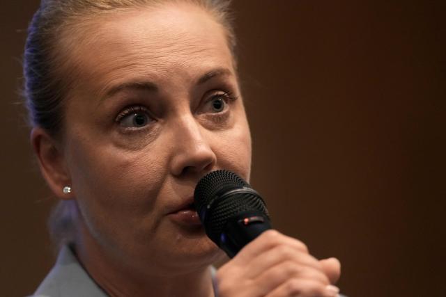 Yulia Navalnaya, chair of the Human Rights Foundation, and widow of late Russian opposition leader Alexei Navalny, speaks during the launch of Action for Democracy’s 'Authoritarian Collaboration Index', at a press event in central London on October 27, 2026. The index is a first-of-its-kind live database that tracks and monitors cooperation between authoritarian regimes, authoritarian-leaning governments and authoritarian-aligned political actors around the world. (Photo by CARLOS JASSO / AFP)