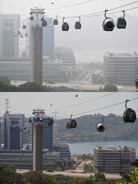 (COMBO) A combination image created on October 27, 2026, shows cable cars travelling to Sentosa island amid haze in Singapore on October 16, 2026 (top), and the same view seen through clear skies as haze conditions improve in Singapore on October 27, 2026 (bottom). The haze has sent air pollution levels surging to dangerous levels not only in Indonesia, but also in Malaysia, Singapore and East Timor, prompting the ASEAN regional bloc to call a meeting over the crisis. (Photo by Roslan RAHMAN / AFP)