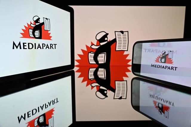 This photograph shows the logo of French online news site Mediapart displayed on screens in Toulouse, southwestern France on October 27, 2026. (Photo by Lionel BONAVENTURE / AFP)