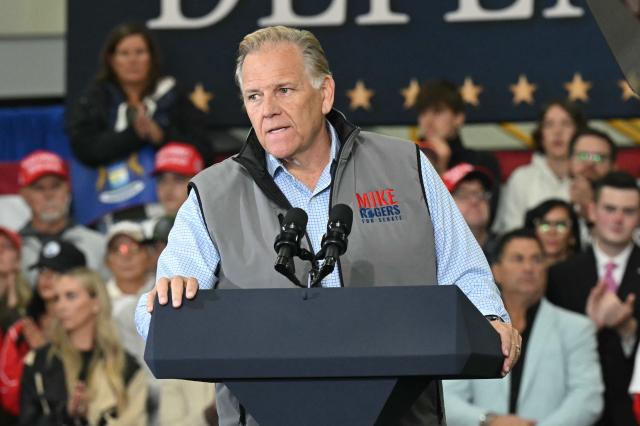 Republican candidate for US Senate Mike Rodgers speaks at a midterm campaign rally at CHI Aviation in Howell, Michigan on October 27, 2026. US Vice President JD Vance is due speak at the rally in support of Rodgers who is competing against Democratic candidate Abdul El-Sayed for the Michigan senate seat. (Photo by SAUL LOEB / POOL / AFP)