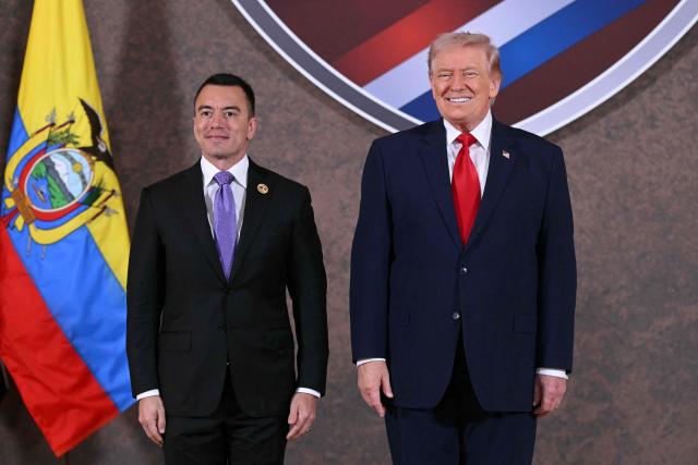 (FILES) US President Donald Trump (R) and President of Ecuador Daniel Noboa pose for a photo at the beginning of the "Shield of the Americas" Summit at Trump National Doral in Miami, Florida, March 7, 2026. An isolated Ecuadoran air base in Taura has quietly become a key hub in Washington's expanding war on drug trafficking, according to flight records, satellite imagery, witnesses and military documents uncovered by AFP. (Photo by SAUL LOEB / AFP)
