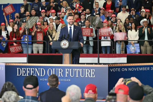 US Vice President JD Vance speaks at a midterm campaign rally at CHI Aviation in Howell, Michigan on October 27, 2026. Vance is speaking in support of Rodgers, who is running against Democratic candidate Abdul El-Sayed for Michigan’s US Senate seat. (Photo by SAUL LOEB / POOL / AFP)