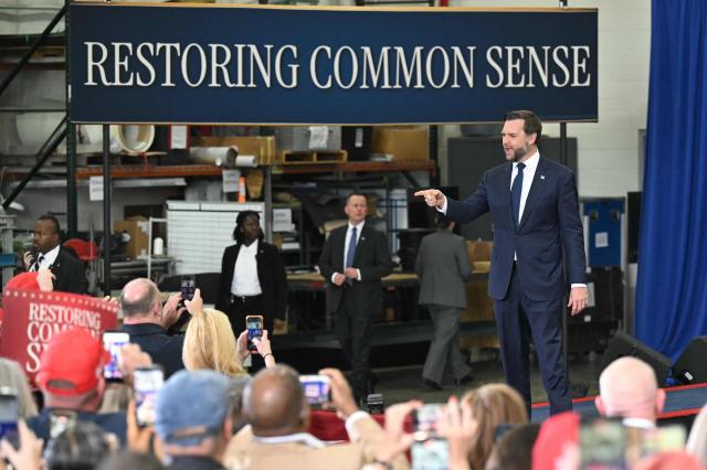 US Vice President JD Vance speaks at a midterm campaign rally at CHI Aviation in Howell, Michigan on October 27, 2026. Vance is speaking in support of Rodgers, who is running against Democratic candidate Abdul El-Sayed for Michigan’s US Senate seat. (Photo by SAUL LOEB / POOL / AFP)