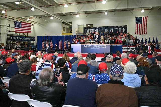 US Vice President JD Vance speaks at a midterm campaign rally at CHI Aviation in Howell, Michigan on October 27, 2026. Vance is speaking in support of Republican candidate for US Senate Mike Rodgers who is competing against Democratic candidate Abdul El-Sayed for the Michigan senate seat. (Photo by SAUL LOEB / POOL / AFP)