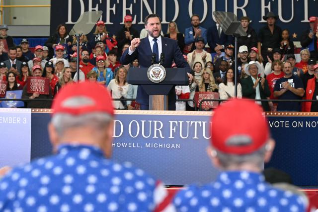 US Vice President JD Vance speaks at a midterm campaign rally at CHI Aviation in Howell, Michigan on October 27, 2026. Vance is speaking in support of Republican candidate for US Senate Mike Rodgers who is competing against Democratic candidate Abdul El-Sayed for the Michigan senate seat. (Photo by SAUL LOEB / POOL / AFP)