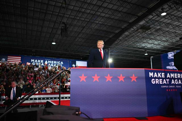 US President Donald Trump arrives to speak at a midterm campaign rally at Port of Corpus Christi in Corpus Christi, Texas on October 27, 2026. (Photo by Kent NISHIMURA / AFP)