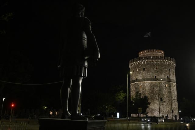 This photograph shows the White Tower illuminated by a new lighting system in Thessaloniki on October 27, 2026. (Photo by Sakis Mitrolidis / AFP)