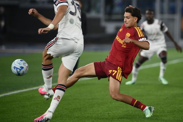 AS Roma's Italian defender #77 Emanuele Lulli stretches for the ball during the Italian Serie A football match between AS Roma and Cagliari at the Olympic Stadium in Rome on October 27, 2026. (Photo by Isabella BONOTTO / AFP)