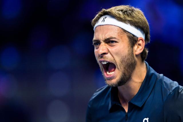 Italy's Flavio Cobolli celebrates after winning against Bulgaria's Grigor Dimitrov (not in picture) during the Erste Bank Open 2026 ATP 500 tennis tournament in Vienna, Austria, on October 27, 2026. (Photo by MAX SLOVENCIK / APA / AFP) / Austria OUT