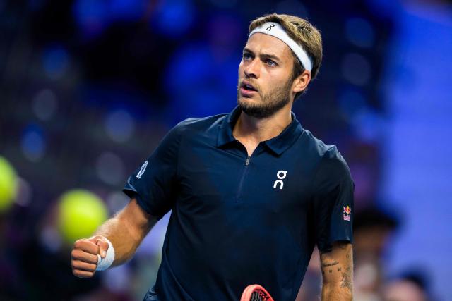 Italy's Flavio Cobolli reacts during his match against Bulgaria's Grigor Dimitrov (not in picture) during the Erste Bank Open 2026 ATP 500 tennis tournament in Vienna, Austria, on October 27, 2026. (Photo by MAX SLOVENCIK / APA / AFP) / Austria OUT