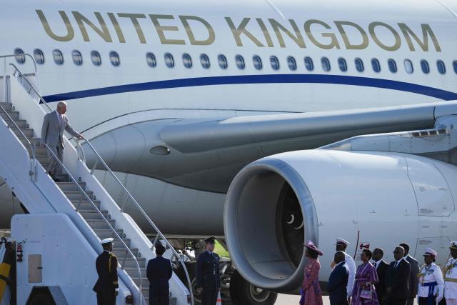 Britain's King Charles III disembarks from his plane at Lynden Pindling International Airport in Nassau, The Bahamas on October 27, 2026. King Charles III is arriving to begin a weeks long tour of The Bahamas, Guyana and Antigua & Barbuda. (Photo by Ben Stansall / POOL / AFP)