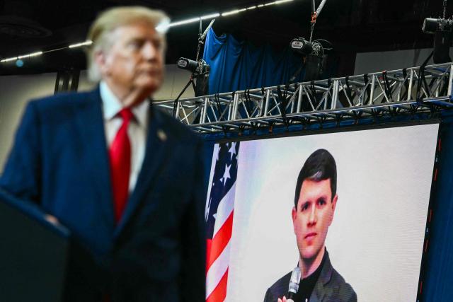 An image showing Democratic candidate for the US Senate James Talarico is seen on a screen as US President Donald Trump speaks during a midterm campaign rally at Lubbock Memorial Civic Center in Lubbock, Texas on October 27, 2026. (Photo by Kent NISHIMURA / AFP)